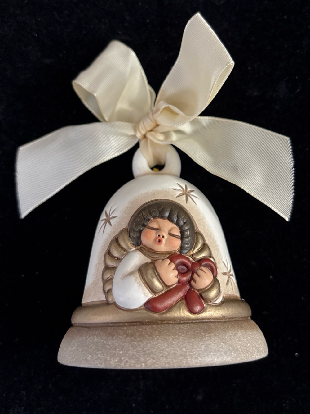 2021 THUN Italy Ceramic Ivory Angel Bell Christmas Ornament Hand Painted Bow Box